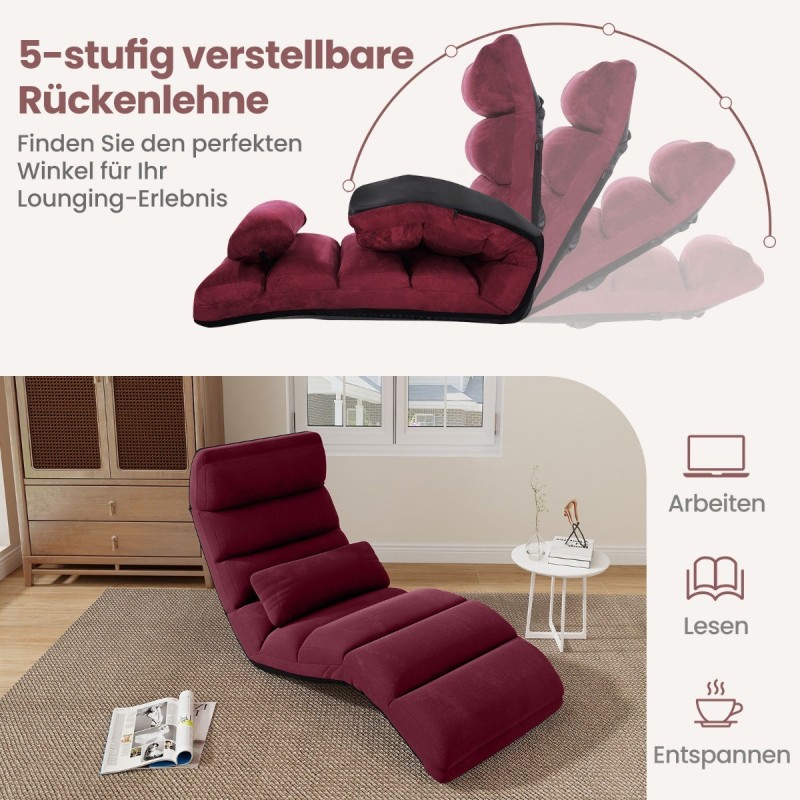 Punainen säädettävä rentoutuslepotuoli teräsrungolla ja tyynyillä Punainen säädettävä rentoutuslepotuoli teräsrungolla ja tyynyillä