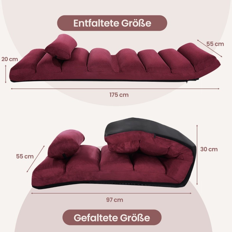 Punainen säädettävä rentoutuslepotuoli teräsrungolla ja tyynyillä Punainen säädettävä rentoutuslepotuoli teräsrungolla ja tyynyillä