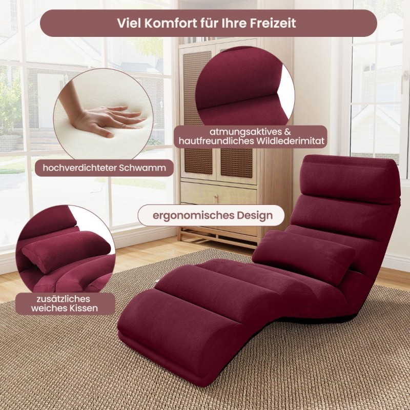 Punainen säädettävä rentoutuslepotuoli teräsrungolla ja tyynyillä Punainen säädettävä rentoutuslepotuoli teräsrungolla ja tyynyillä