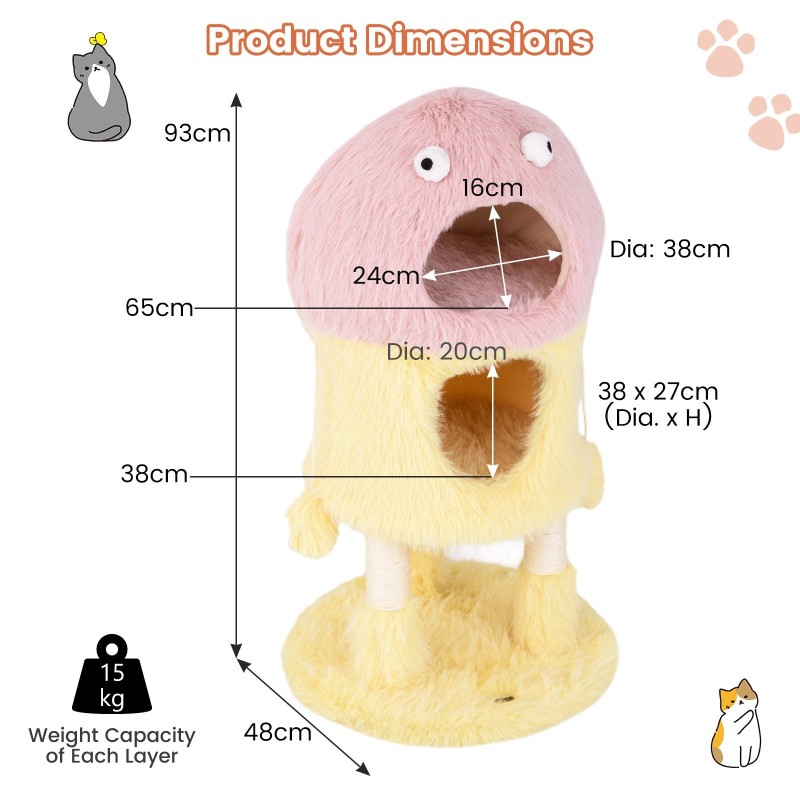 Hassutteleva hirviöteemainen kissatorni kahdella kondolla keltainen