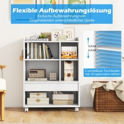 Liikuteltava valkoinen säilytyskaappi laatikolla ja säädettävillä hyllyillä