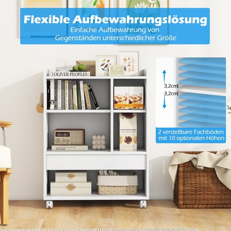 Liikuteltava valkoinen säilytyskaappi laatikolla ja säädettävillä hyllyillä