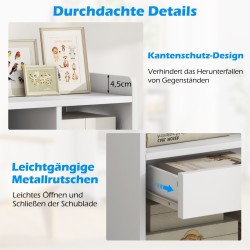 Liikuteltava valkoinen säilytyskaappi laatikolla ja säädettävillä hyllyillä