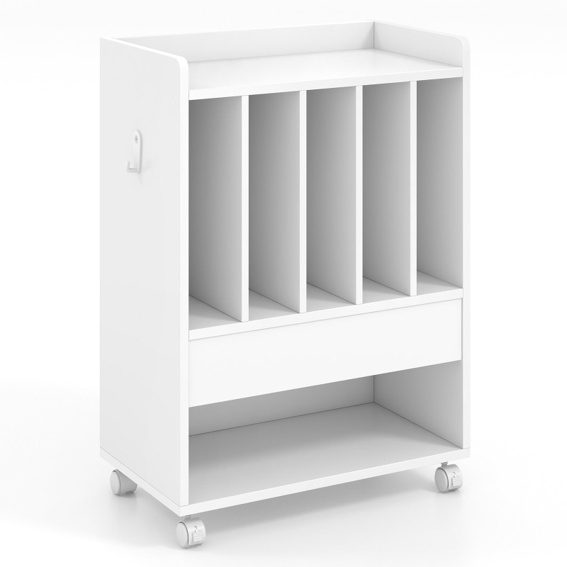 Pyörillä liikkuva levysoitinteline laatikolla ja koukulla - valkoinen