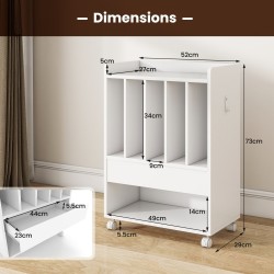 Pyörillä liikkuva levysoitinteline laatikolla ja koukulla - valkoinen