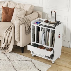 Pyörillä liikkuva levysoitinteline laatikolla ja koukulla - valkoinen