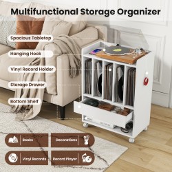 Pyörillä liikkuva levysoitinteline laatikolla ja koukulla - valkoinen