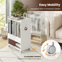 Pyörillä liikkuva levysoitinteline laatikolla ja koukulla - valkoinen