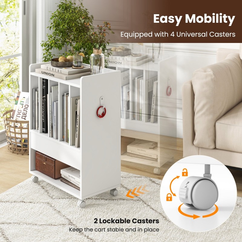 Pyörillä liikkuva levysoitinteline laatikolla ja koukulla - valkoinen