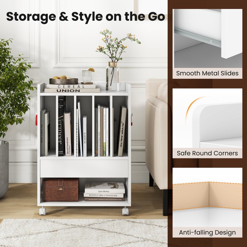 Pyörillä liikkuva levysoitinteline laatikolla ja koukulla - valkoinen