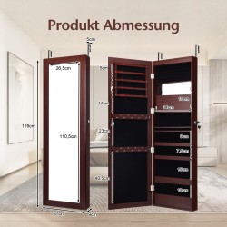 Lukittava ruskea korukaappi peilillä ja LED-valoilla