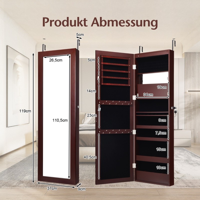 Lukittava ruskea korukaappi peilillä ja LED-valoilla