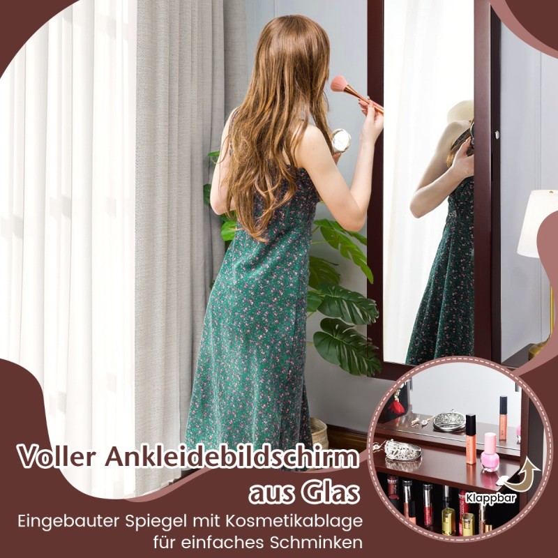 Lukittava ruskea korukaappi peilillä ja LED-valoilla