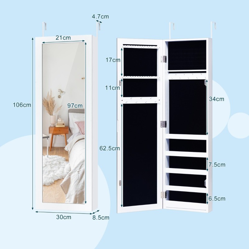 Valkoinen seinälle ripustettava peilillinen korukaappi ja säilytysratkaisu