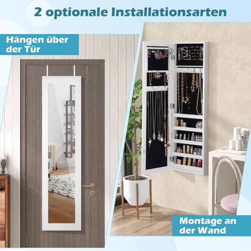 Valkoinen seinälle ripustettava peilillinen korukaappi ja säilytysratkaisu