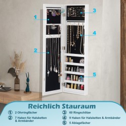 Valkoinen seinälle ripustettava peilillinen korukaappi ja säilytysratkaisu