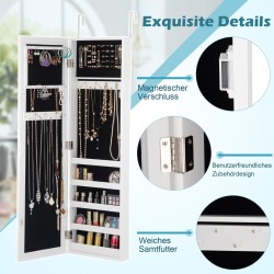 Valkoinen seinälle ripustettava peilillinen korukaappi ja säilytysratkaisu