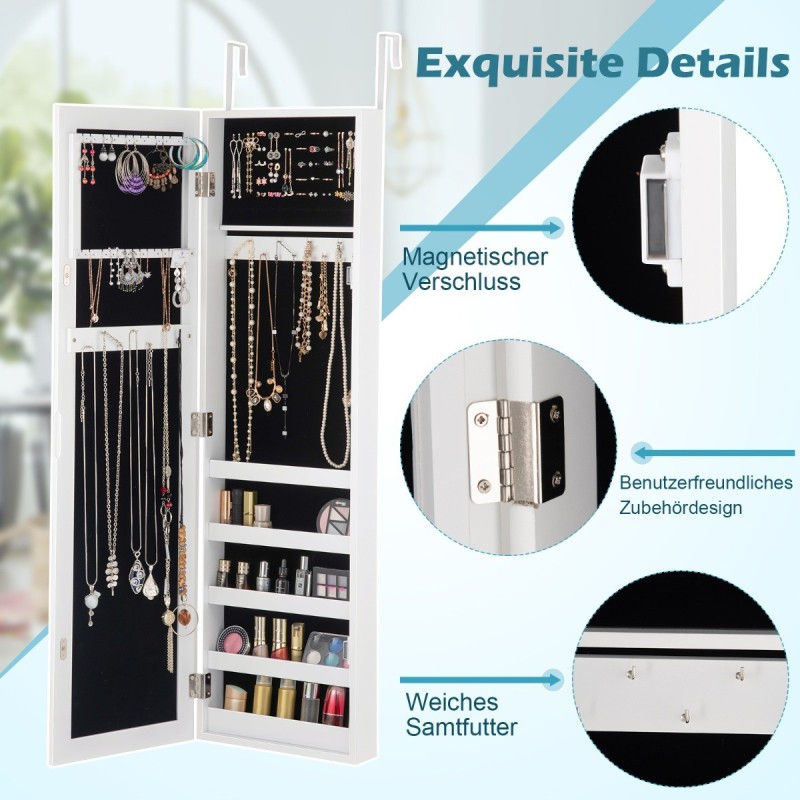 Valkoinen seinälle ripustettava peilillinen korukaappi ja säilytysratkaisu