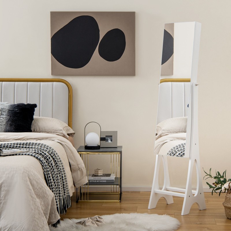 Valkoinen vapaasti seisova korukaappi täyspitkällä peilillä