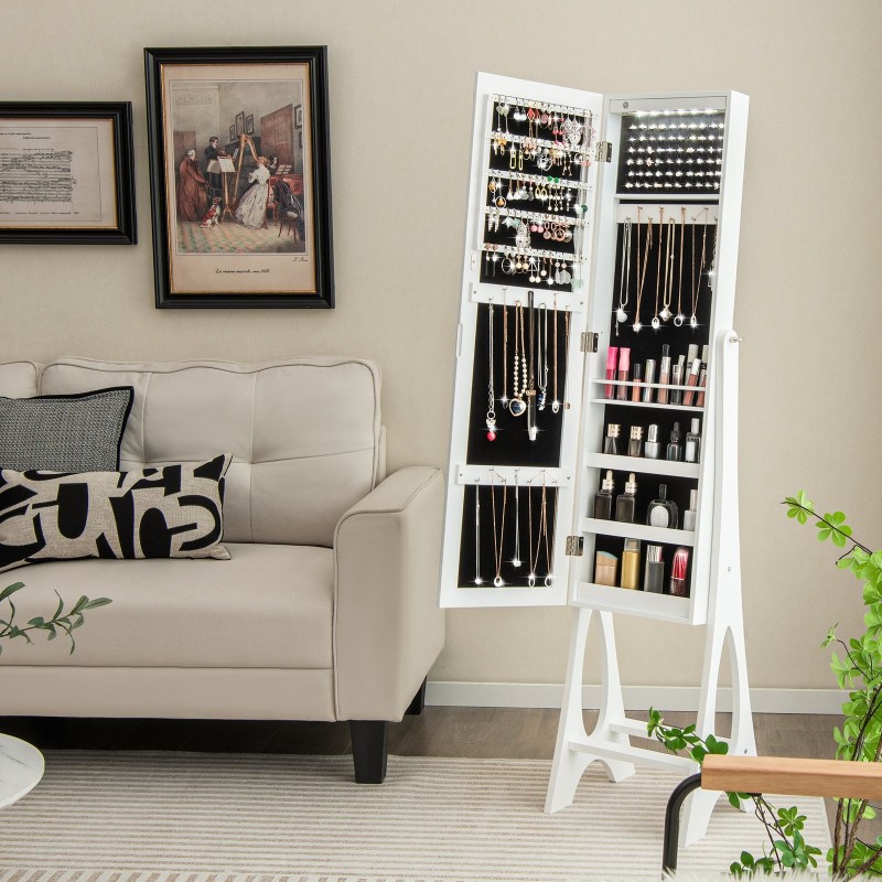 Valkoinen vapaasti seisova korukaappi täyspitkällä peilillä