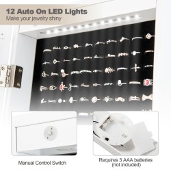 Valkoinen vapaasti seisova korukaappi täyspitkällä peilillä