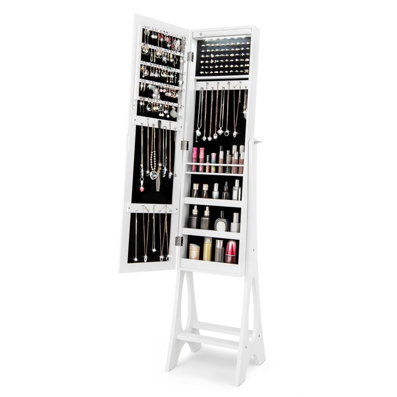 Valkoinen vapaasti seisova korukaappi täyspitkällä peilillä