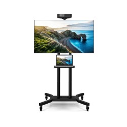 Säädettävä musta TV-teline pyörillä ja säilytyshyllyillä