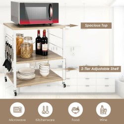 Kolmitasoinen säädettävä keittiövaunu pyörillä ja koukuilla luonnonväri