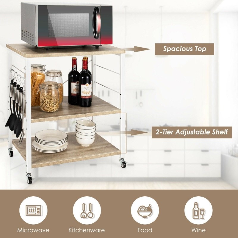 Kolmitasoinen säädettävä keittiövaunu pyörillä ja koukuilla luonnonväri