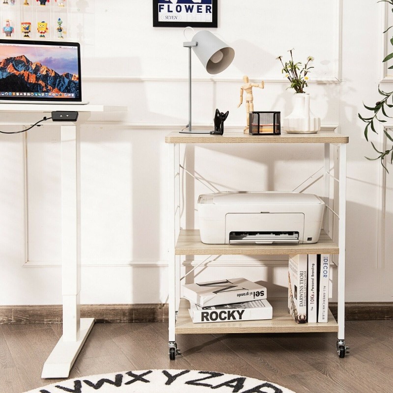 Kolmitasoinen säädettävä keittiövaunu pyörillä ja koukuilla luonnonväri