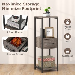 Kolmitasoinen harmaa metallinen kasviteline laatikolla