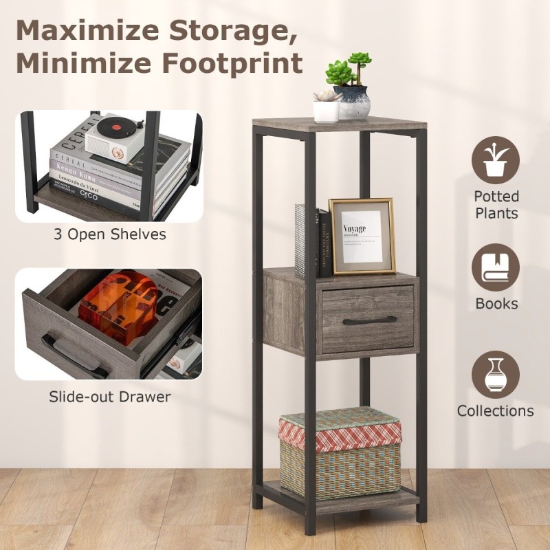 Kolmitasoinen harmaa metallinen kasviteline laatikolla