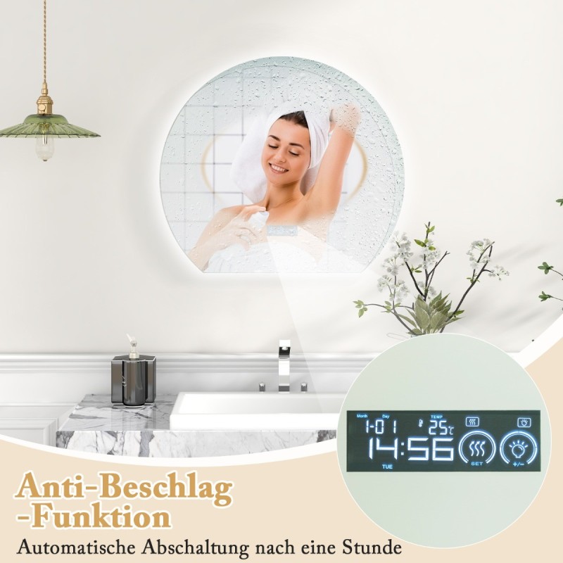 Puolipyöreä kylpyhuoneen peili LED-valaistuksella ja huurteenestolla