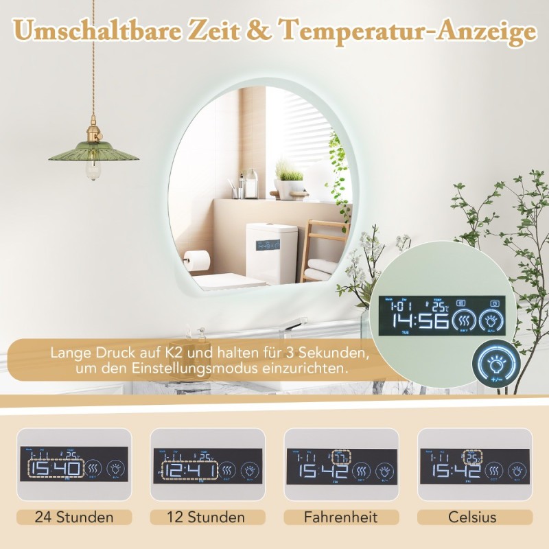 Puolipyöreä kylpyhuoneen peili LED-valaistuksella ja huurteenestolla