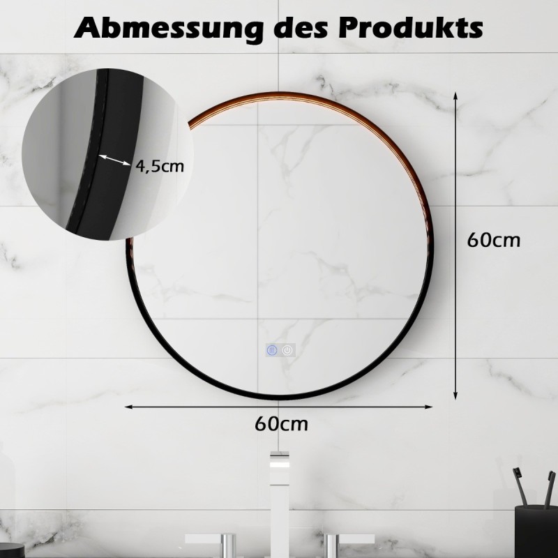 Pyöreä hopeinen seinäpeili säädettävällä valaistuksella ja huurteenestolla