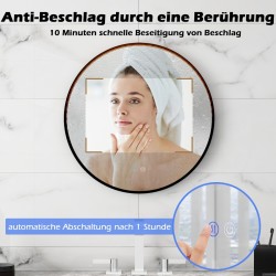 Pyöreä hopeinen seinäpeili säädettävällä valaistuksella ja huurteenestolla