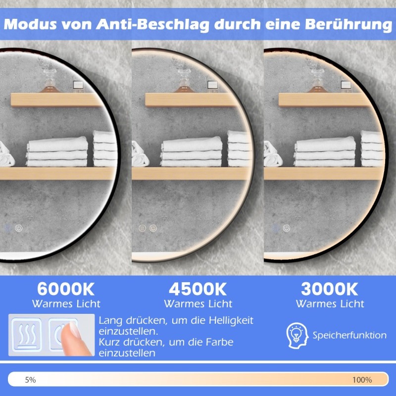 Pyöreä hopeinen seinäpeili säädettävällä valaistuksella ja huurteenestolla