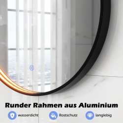 Pyöreä hopeinen seinäpeili säädettävällä valaistuksella ja huurteenestolla