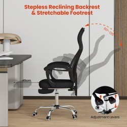 Säädettävä ergonominen musta verkkotoimistotuoli jalkatuella