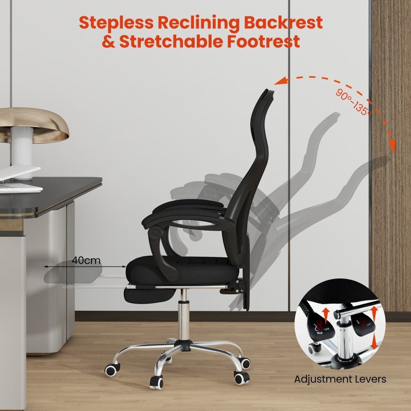 Säädettävä ergonominen musta verkkotoimistotuoli jalkatuella