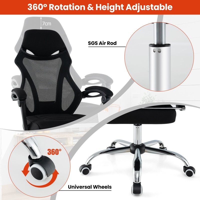 Säädettävä ergonominen musta verkkotoimistotuoli jalkatuella