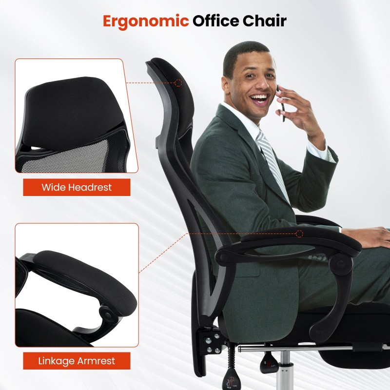 Säädettävä ergonominen musta verkkotoimistotuoli jalkatuella