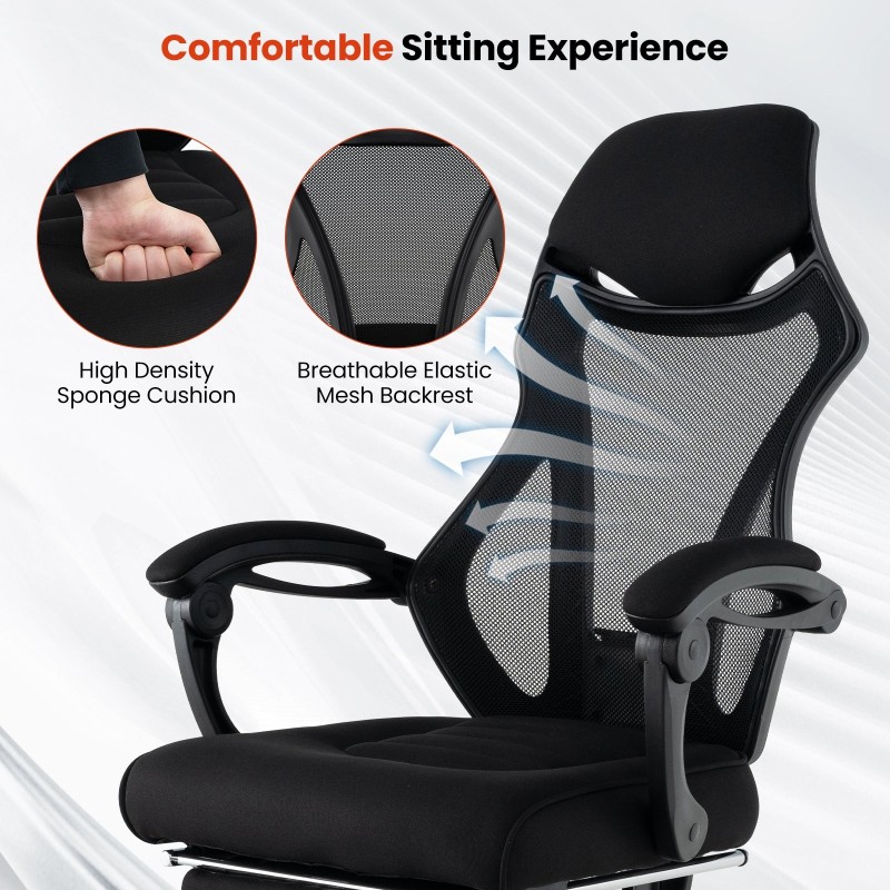 Säädettävä ergonominen musta verkkotoimistotuoli jalkatuella