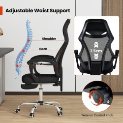 Säädettävä ergonominen musta verkkotoimistotuoli jalkatuella