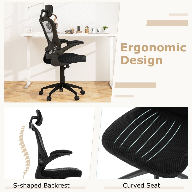 Ergonominen musta verkkotoimistotuoli säädettävällä niskatuella