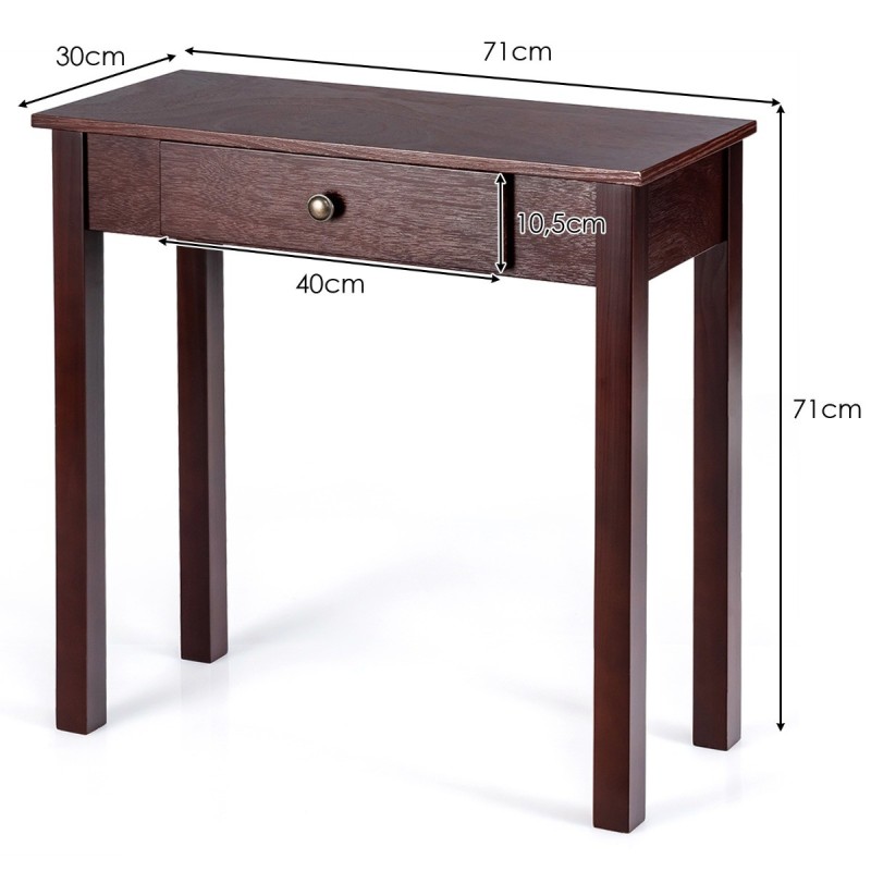 Kapea ruskea puinen konsolipöytä laatikolla ja retro-tyylillä