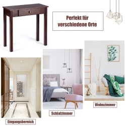 Kapea ruskea puinen konsolipöytä laatikolla ja retro-tyylillä