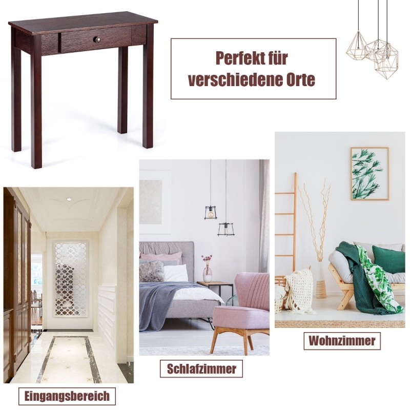 Kapea ruskea puinen konsolipöytä laatikolla ja retro-tyylillä