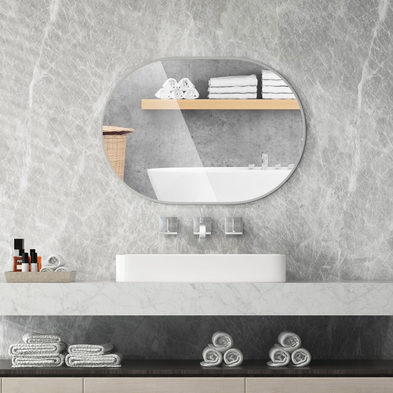 Soikea kylpyhuoneen peili sirpaloitumattomalla kalvolla ja ruuveilla