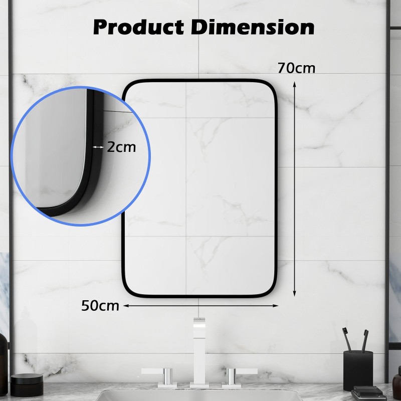 Musta suorakulmainen kylpyhuonepeili särkymättömällä kalvolla